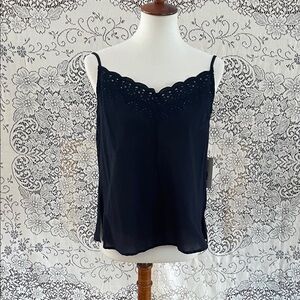Dex Black Tape Eyelet Lace Trim Cami Top Navy Marine Cotton